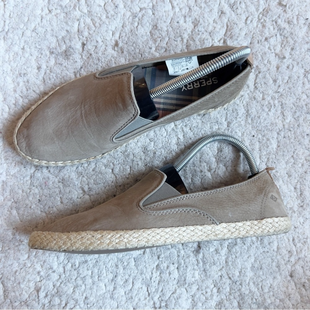 Sperry: Olive Green Suede Slip On Sailor Twin Gore Jute Espadrilles Size 8.5